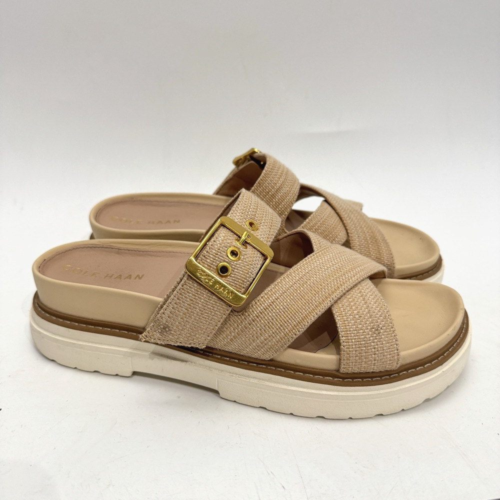 Cole Haan Fraya Slide Sandals Sz 9M Beige Woven Textile Grand OS Lug Sole